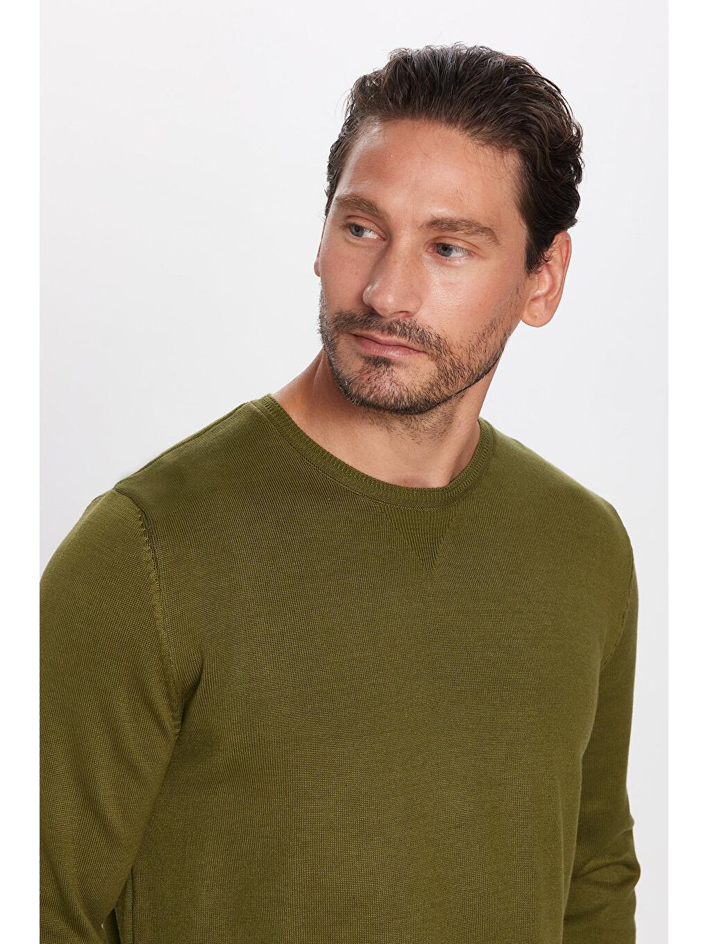 Erkek Standart Fit Normal Kesim Bisiklet Yaka Haki Triko Kazak