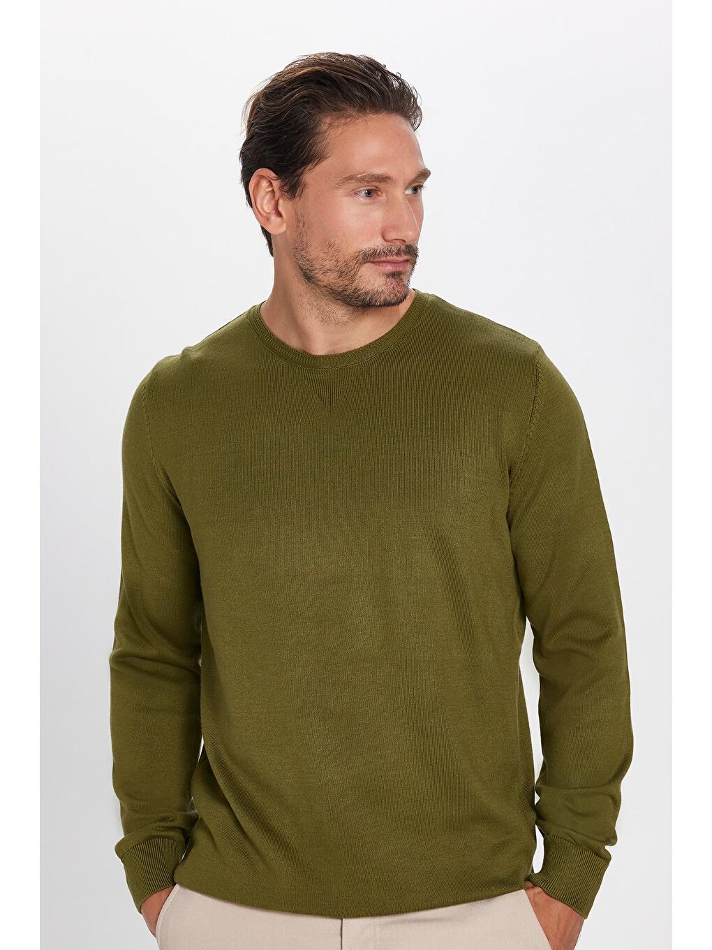 Erkek Standart Fit Normal Kesim Bisiklet Yaka Haki Triko Kazak-1