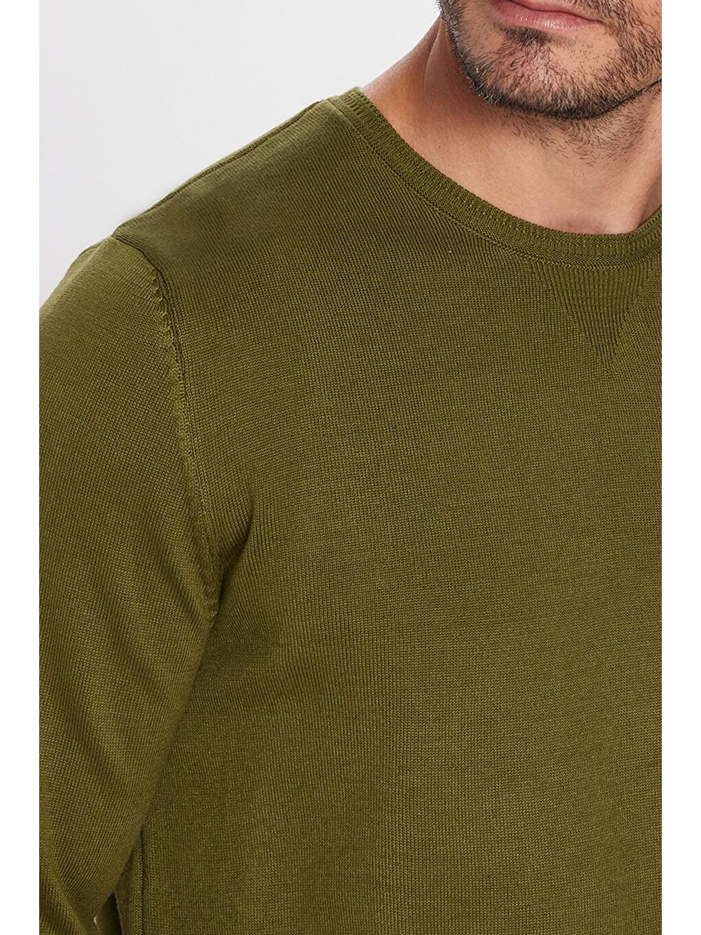 Erkek Standart Fit Normal Kesim Bisiklet Yaka Haki Triko Kazak-2