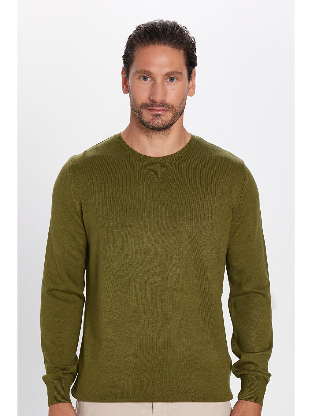 Erkek Standart Fit Normal Kesim Bisiklet Yaka Haki Triko Kazak-3