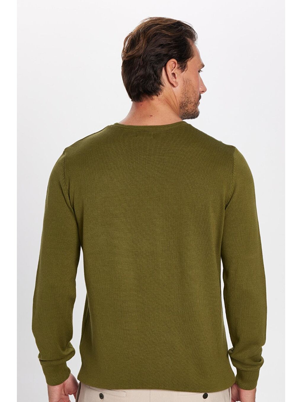 Erkek Standart Fit Normal Kesim Bisiklet Yaka Haki Triko Kazak-4