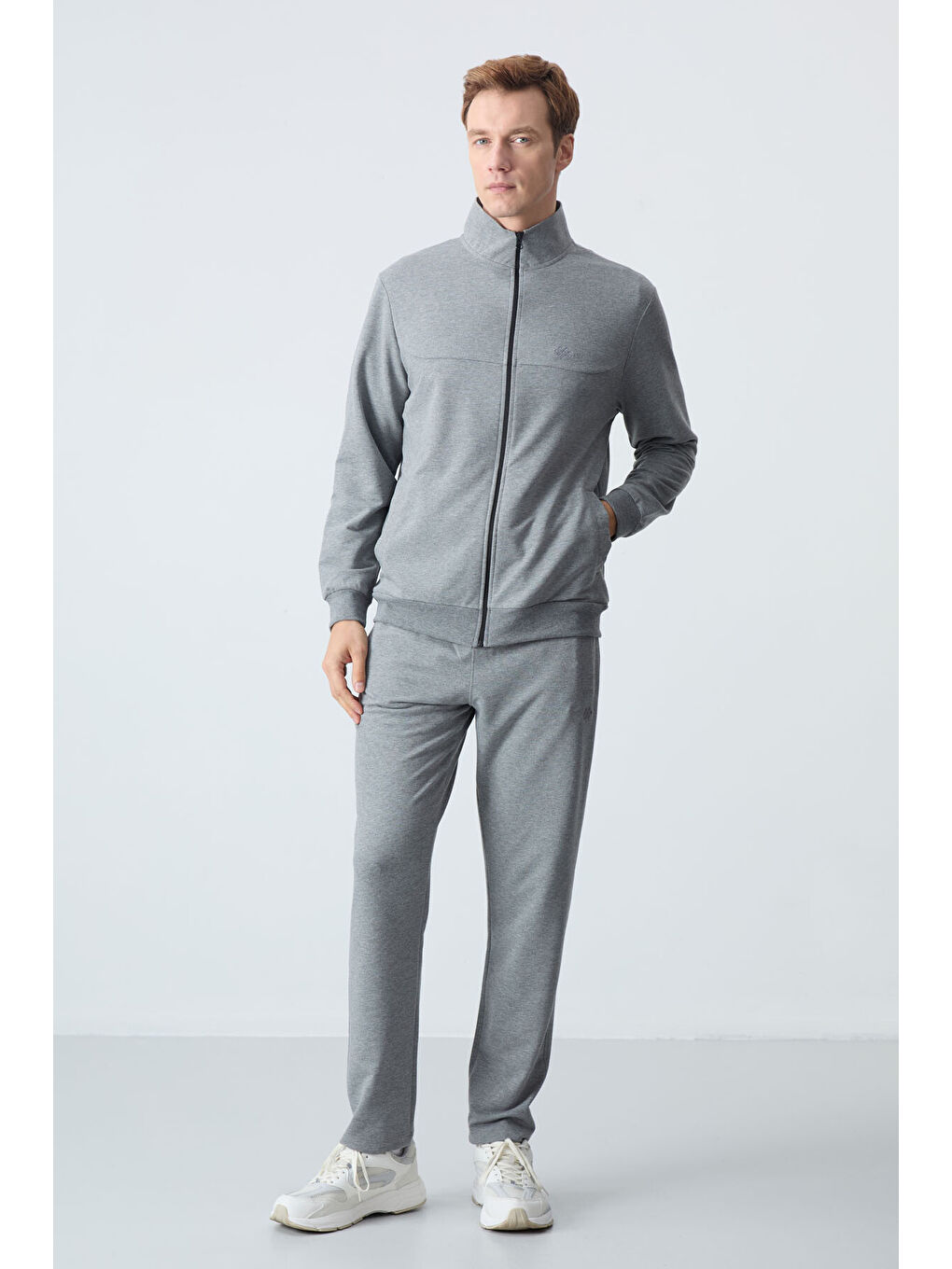 Gri Melanj Pamuklu Kalın Yumuşak Dokulu Comfort Fit Basic Erkek Eşofman Takım - 85260