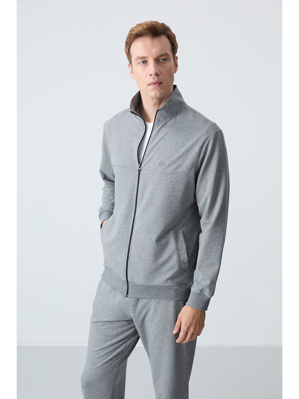 Gri Melanj Pamuklu Kalın Yumuşak Dokulu Comfort Fit Basic Erkek Eşofman Takım - 85260-1