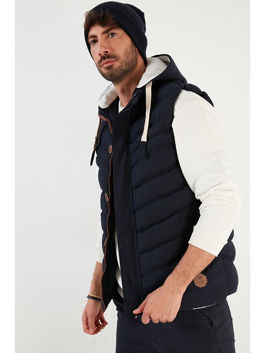 Lacivert Kapüşonlu Slim Fit Erkek Yelek 556B5618