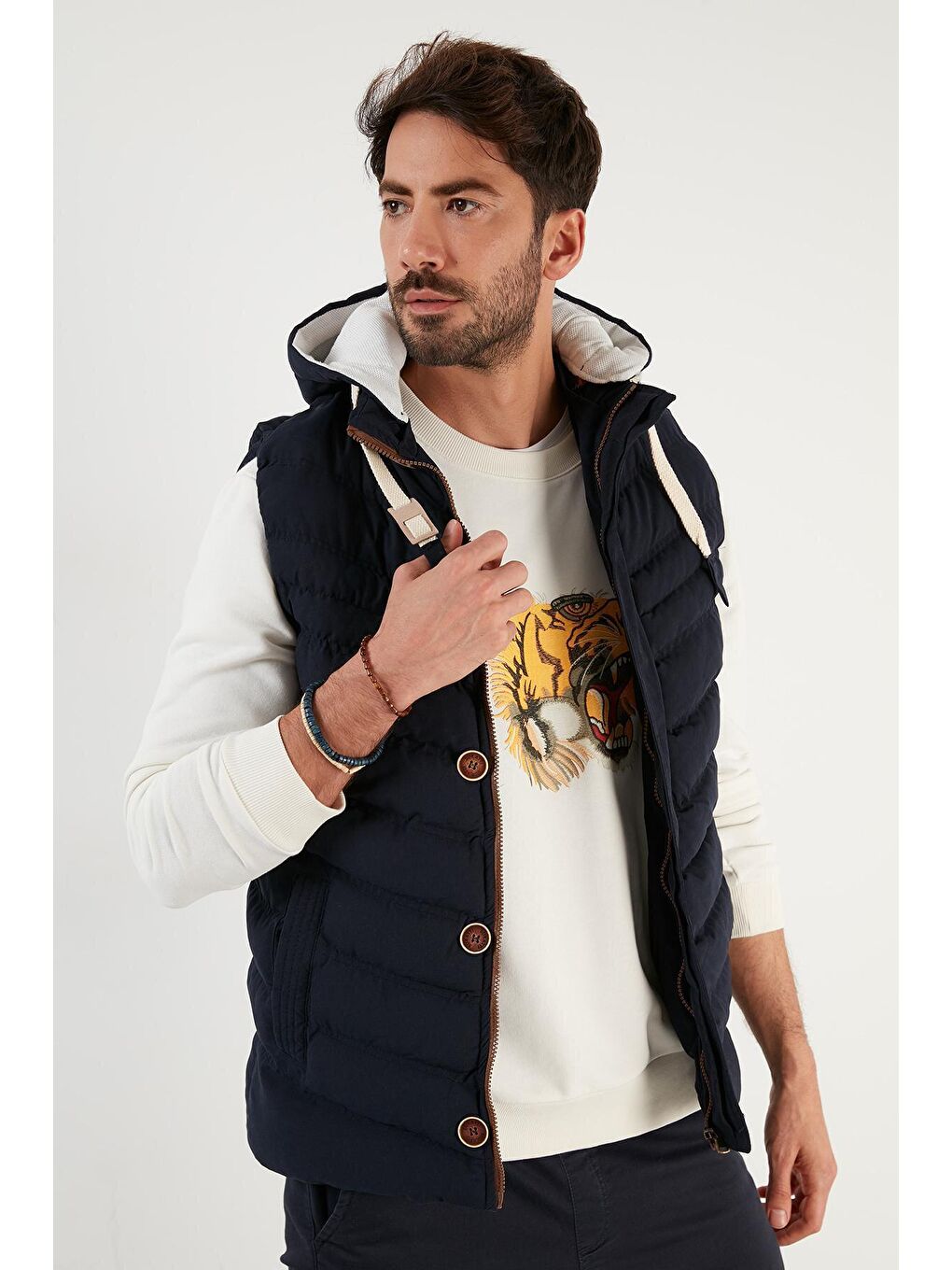 Lacivert Kapüşonlu Slim Fit Erkek Yelek 556B5618-2