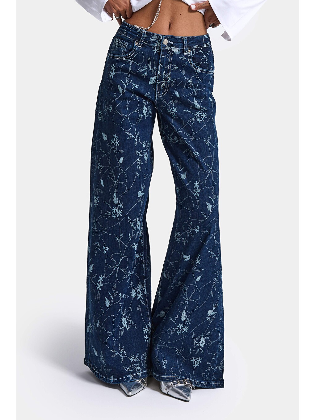 Kadın Mavi 1w6-5 Palazzo Fit Özel Çiçek Baskılı Kumaş Tasarım Denim Jean