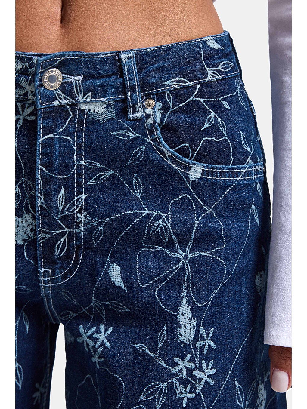 Kadın Mavi 1w6-5 Palazzo Fit Özel Çiçek Baskılı Kumaş Tasarım Denim Jean-1