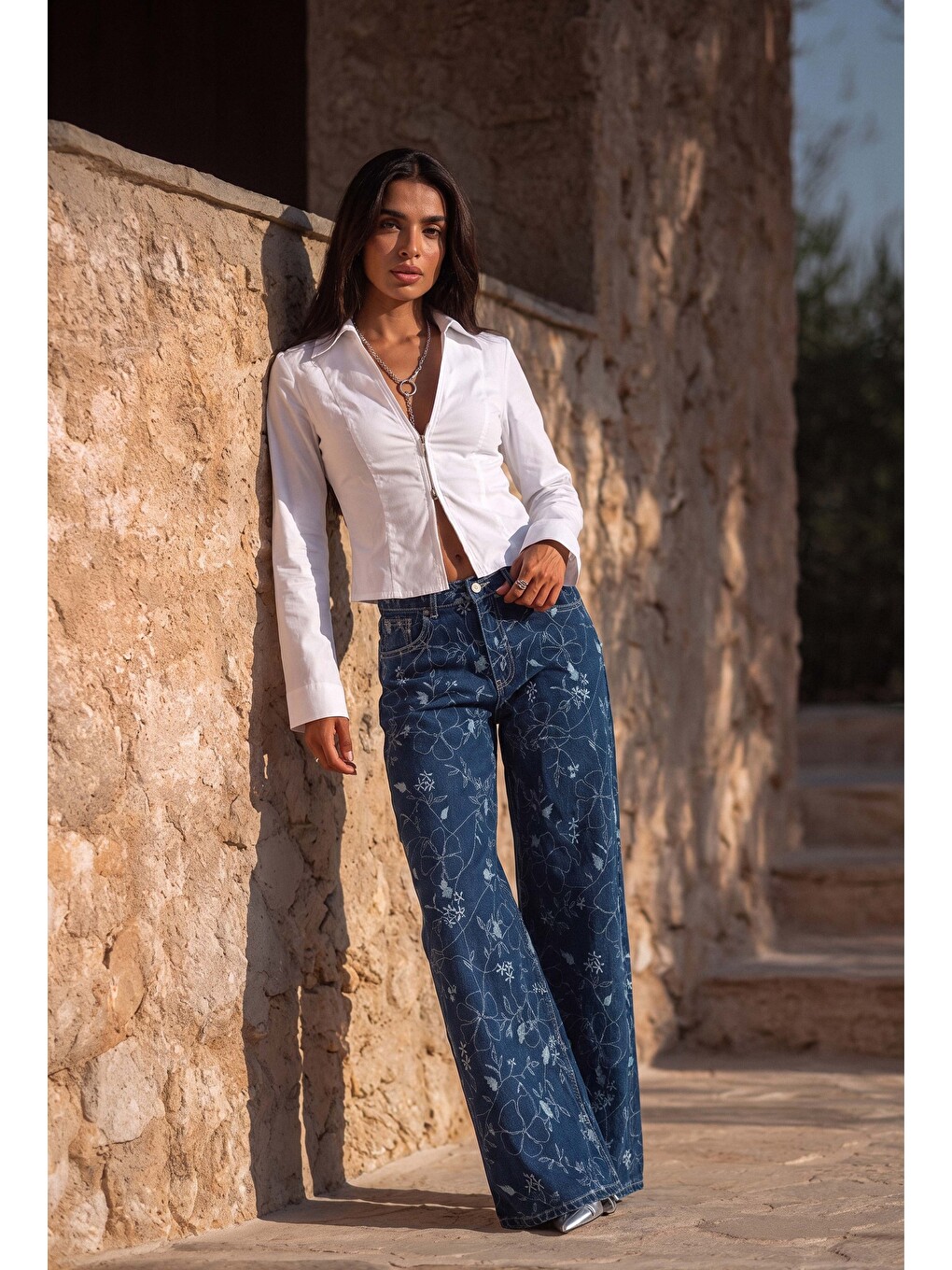 Kadın Mavi 1w6-5 Palazzo Fit Özel Çiçek Baskılı Kumaş Tasarım Denim Jean-2