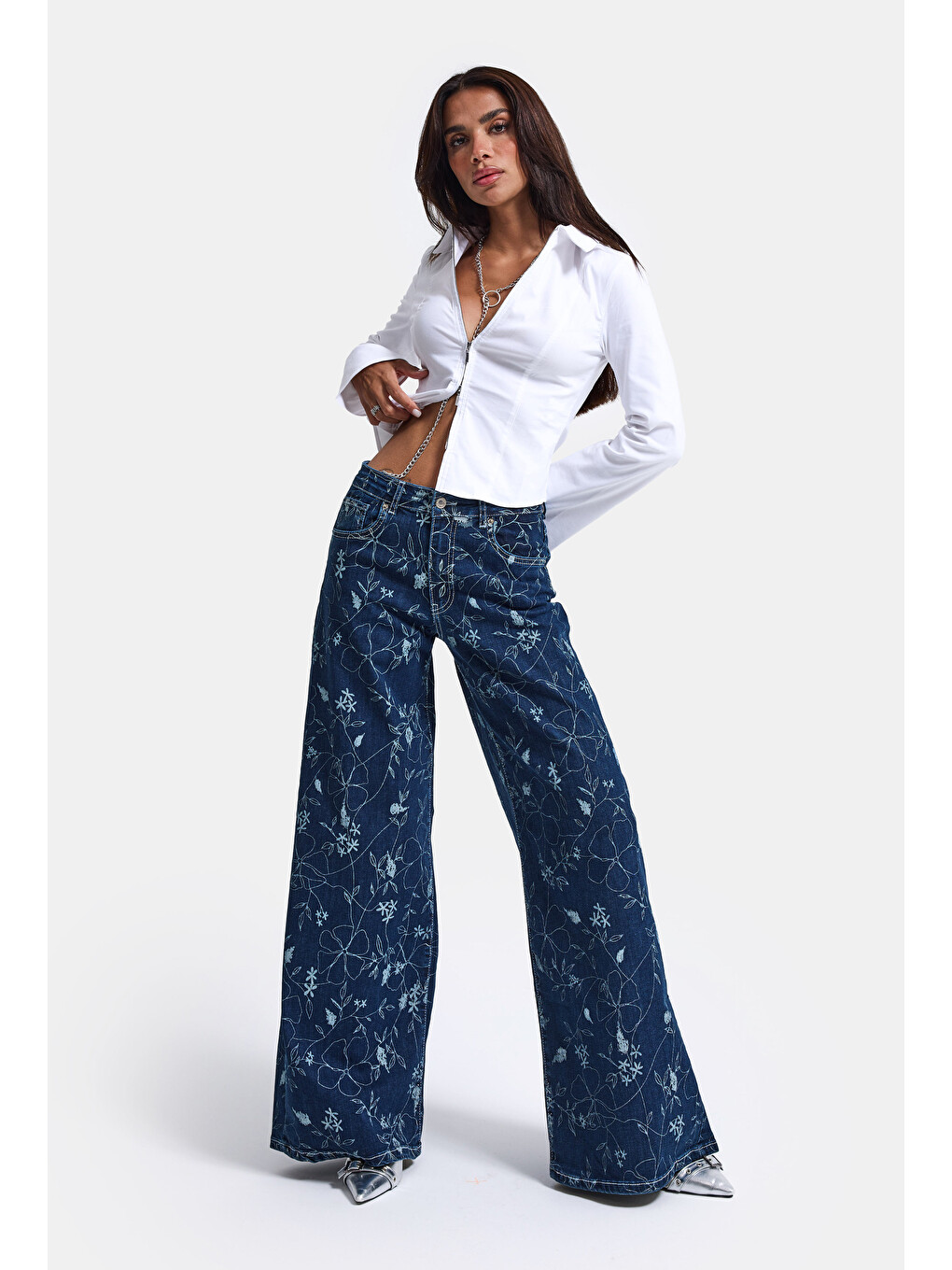 Kadın Mavi 1w6-5 Palazzo Fit Özel Çiçek Baskılı Kumaş Tasarım Denim Jean-3