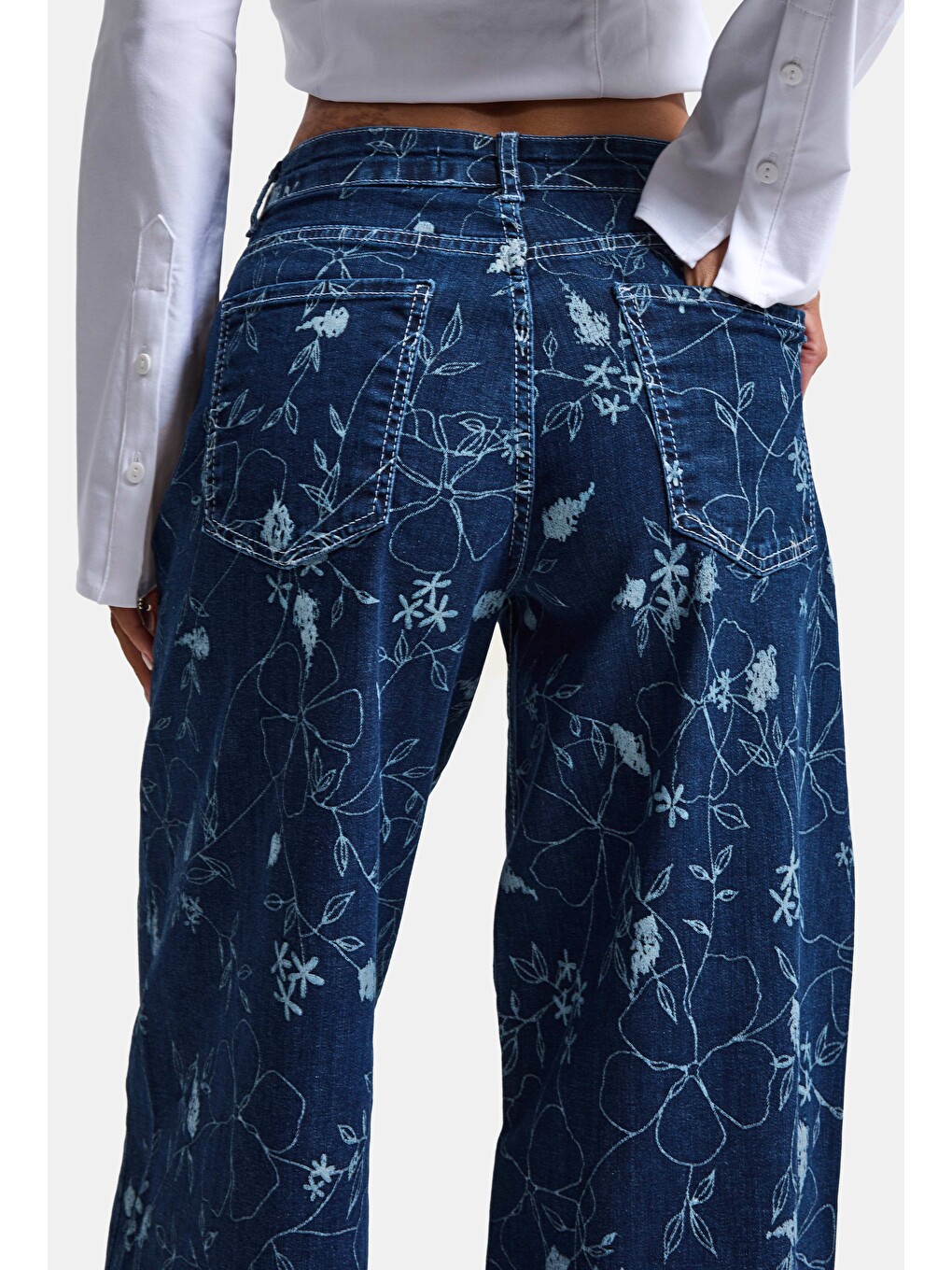 Kadın Mavi 1w6-5 Palazzo Fit Özel Çiçek Baskılı Kumaş Tasarım Denim Jean-4
