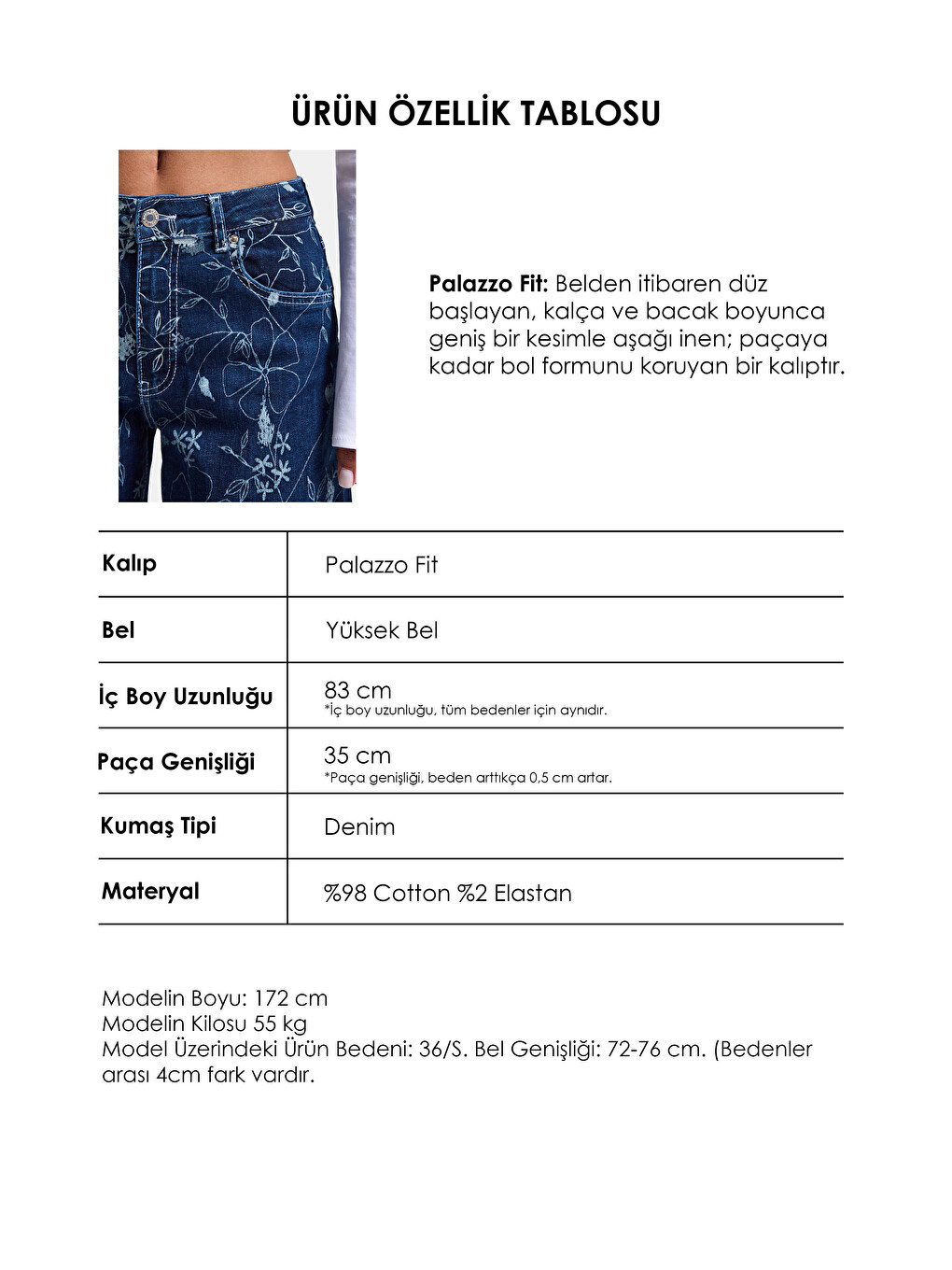 Kadın Mavi 1w6-5 Palazzo Fit Özel Çiçek Baskılı Kumaş Tasarım Denim Jean-5