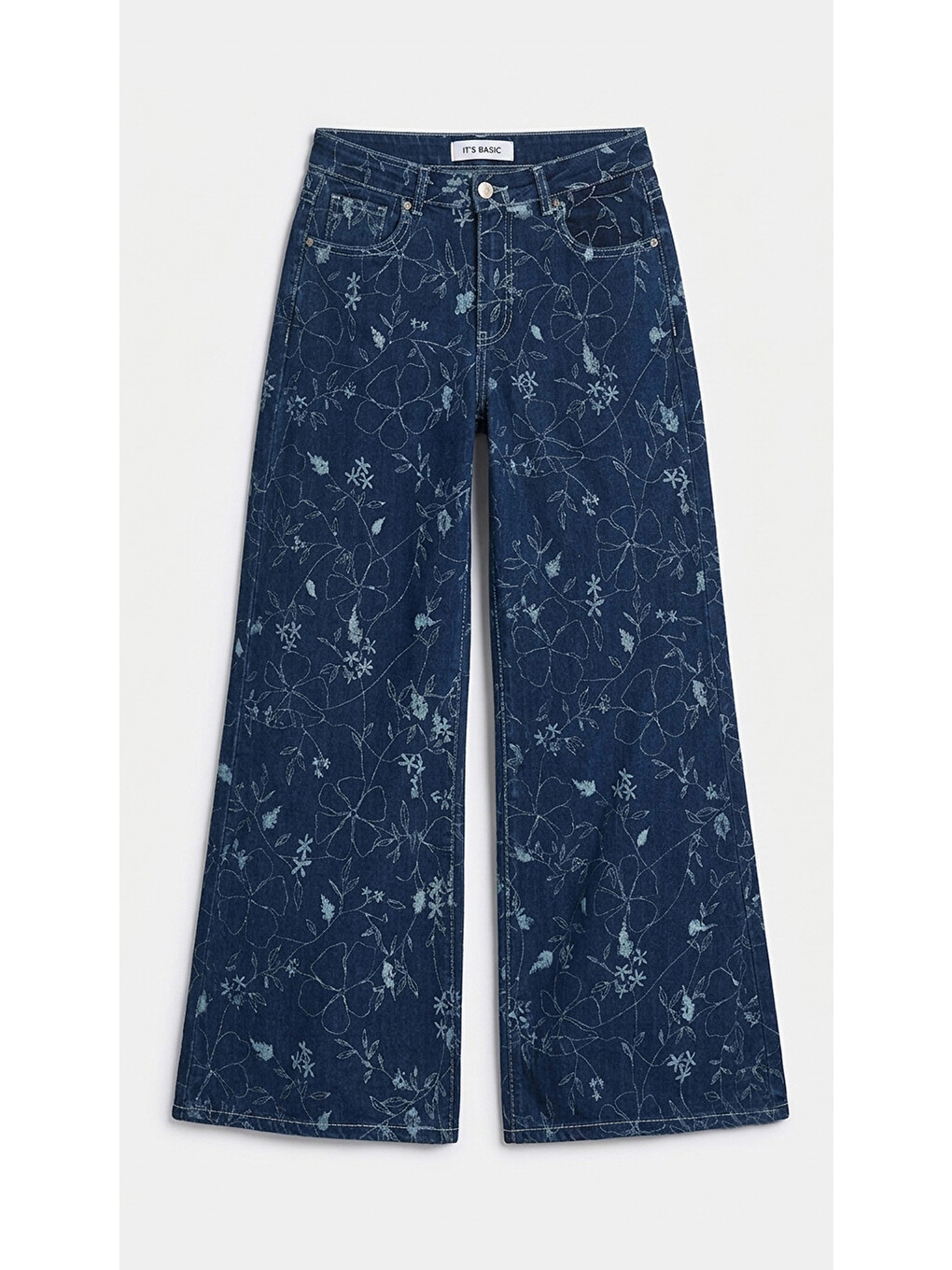Kadın Mavi 1w6-5 Palazzo Fit Özel Çiçek Baskılı Kumaş Tasarım Denim Jean-6