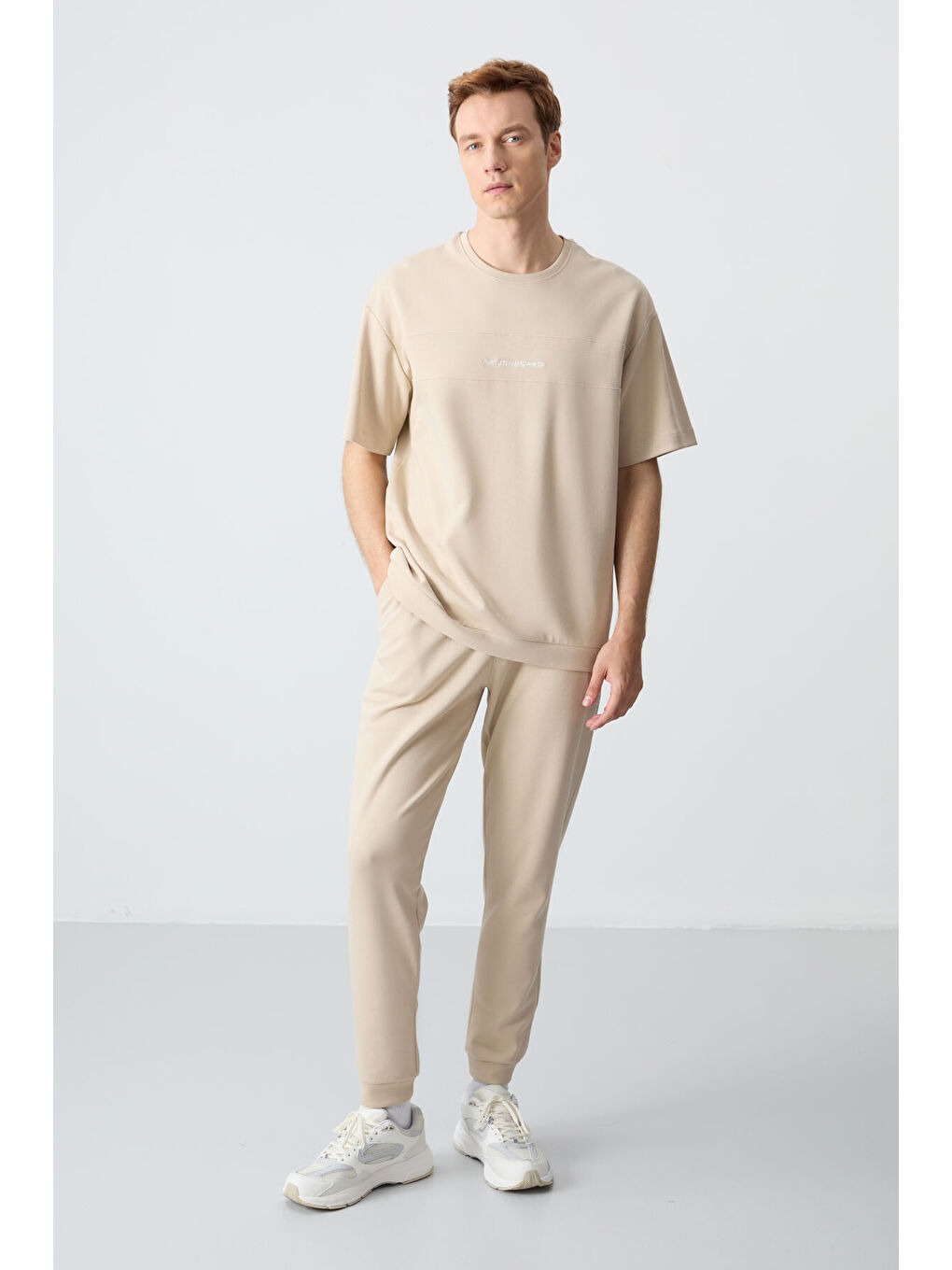 Bej Pamuklu Kalın Yumuşak Dokulu Oversize Fit Basic Erkek Eşofman Takım - 85261