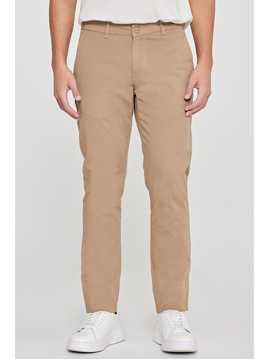 Kahverengi Erkek Camel Slim Fit Dar Kesim Yan Cep Pamuklu Esnek  Chino Pantolon-1