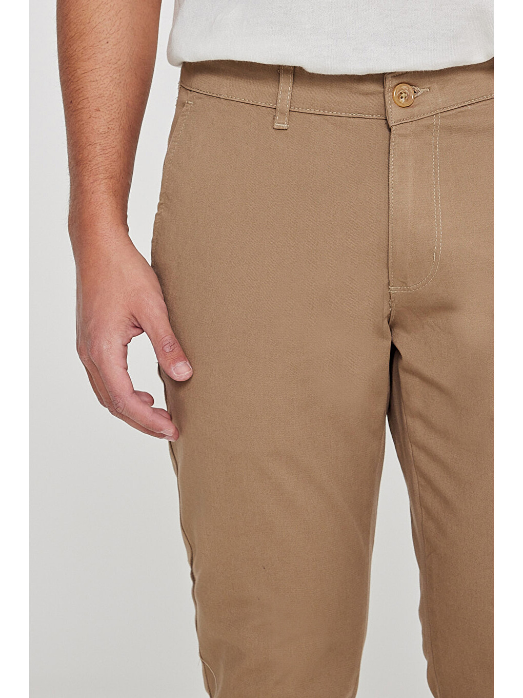 Kahverengi Erkek Camel Slim Fit Dar Kesim Yan Cep Pamuklu Esnek  Chino Pantolon-5