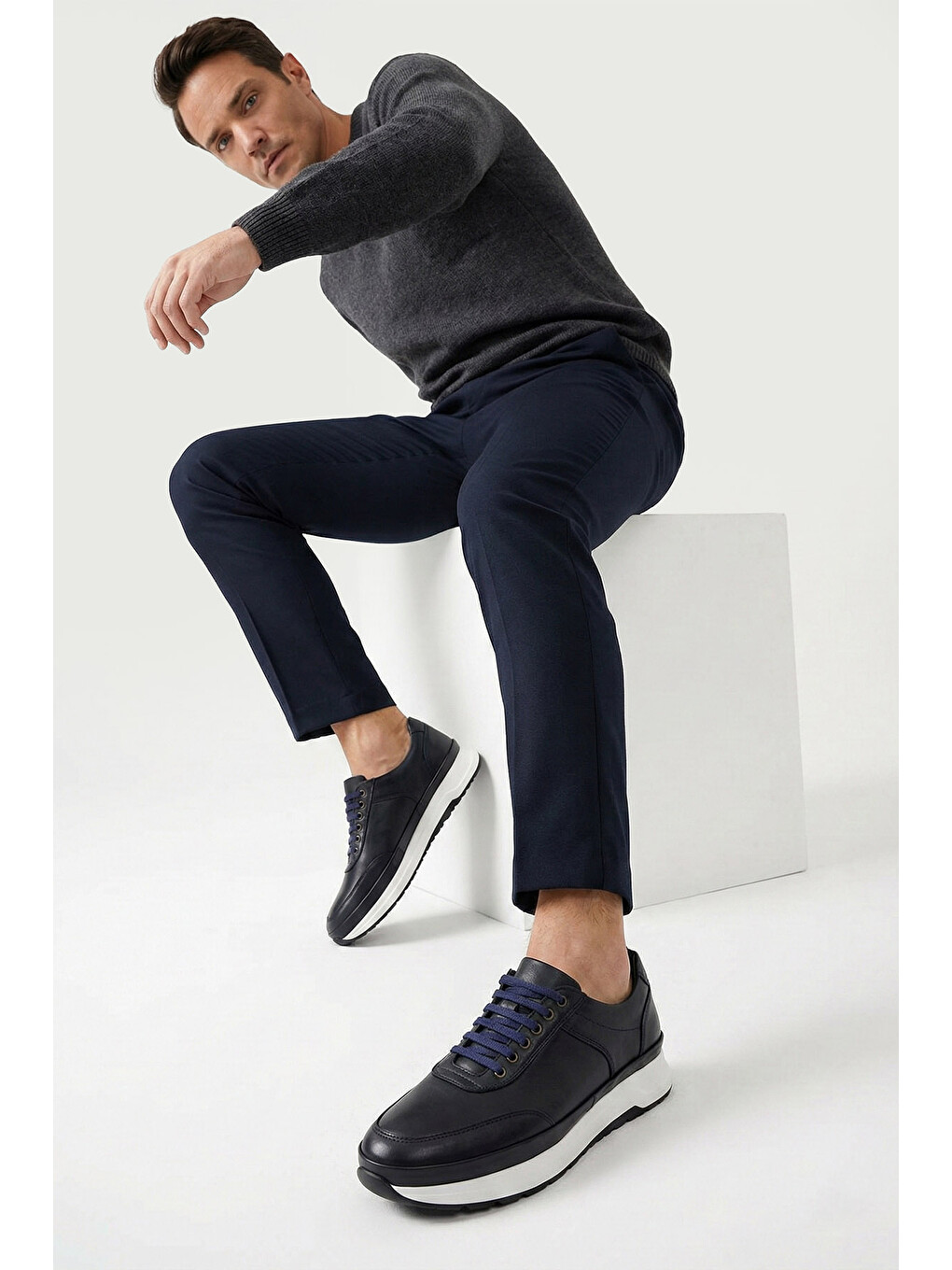 Lacivert Erkek AÇIK LACİVERT Bağcıklı Hakiki Deri Comfort Sneaker-2