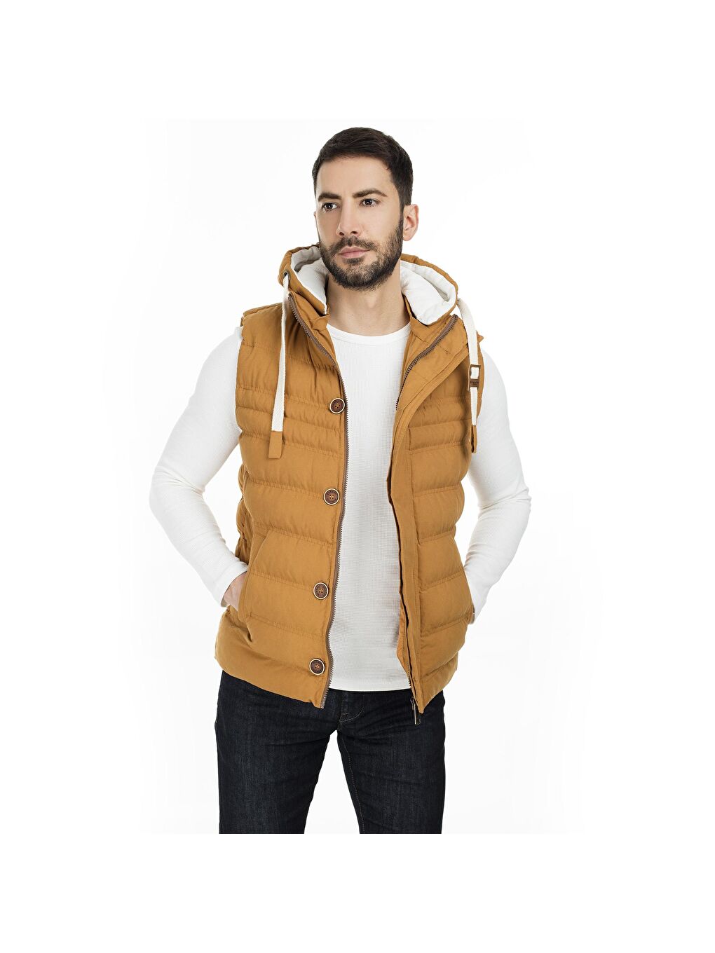 Sarı Kapüşonlu Slim Fit Yelek 556B5618-8