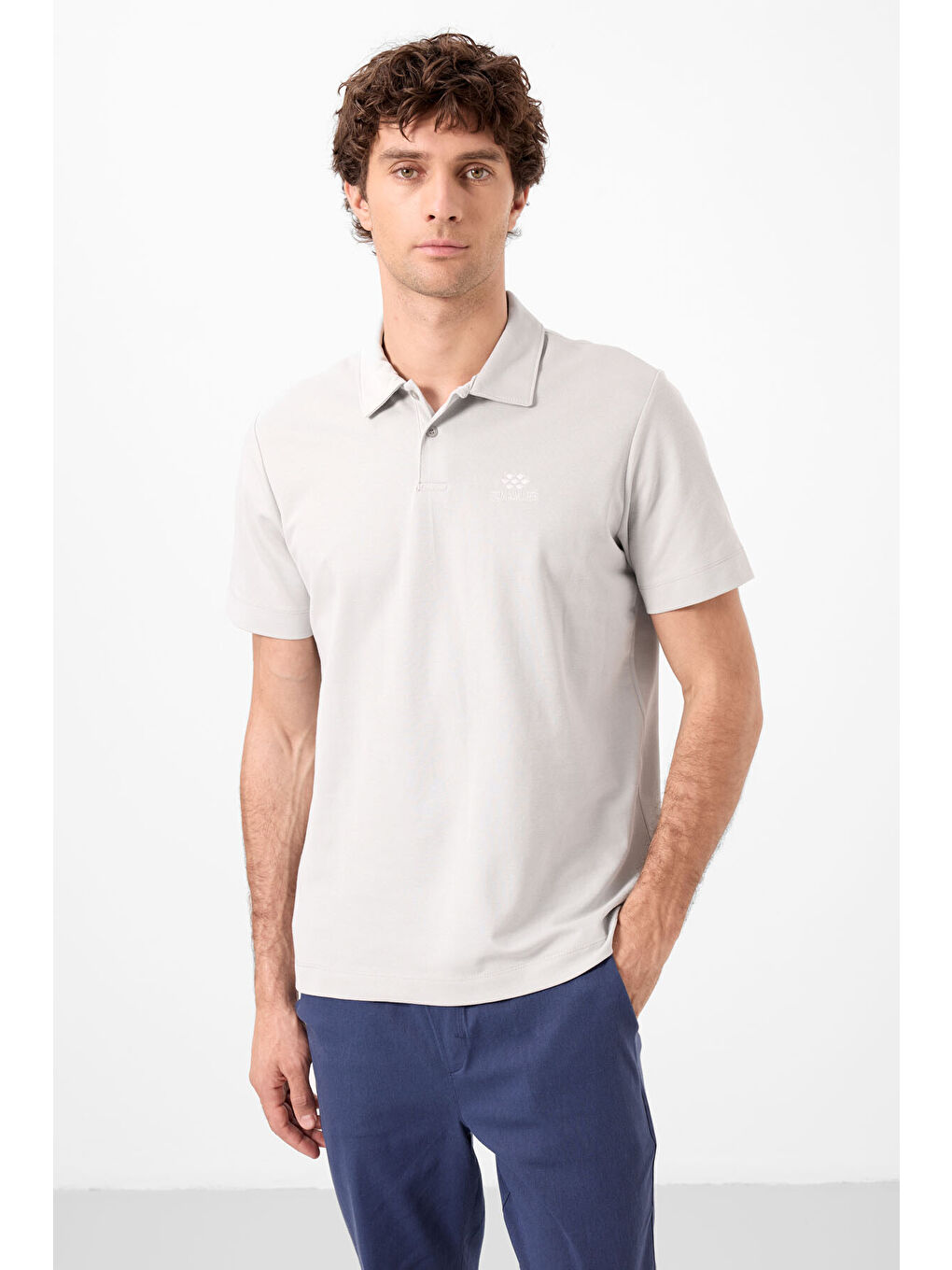 Bej Taş Basic Logolu Standart Kalıp Triko Polo Yaka Erkek Tişört - 87748-3