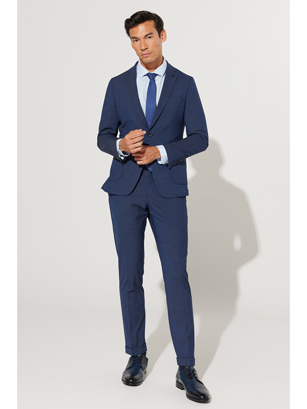 Erkek Lacivert Ekstra Slim Fit Dar Kesim Mono Yaka Desenli Takım Elbise