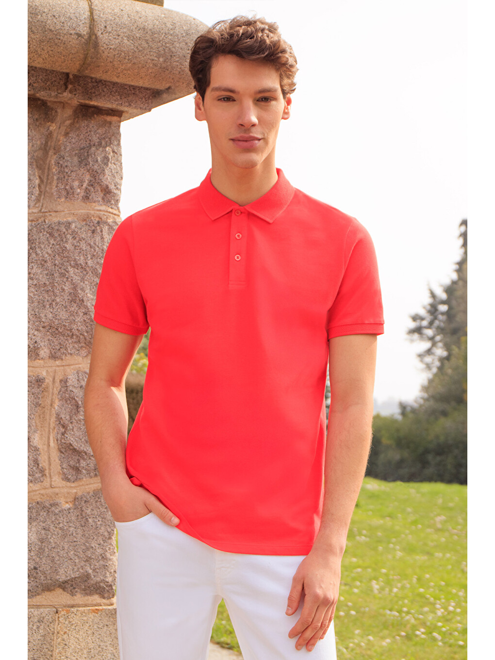 Kırmızı Erkek Nar Çiçeği Slim Fit Dar Kesim Polo Yaka %100 Pamuk Kısa Kollu Tişört-2