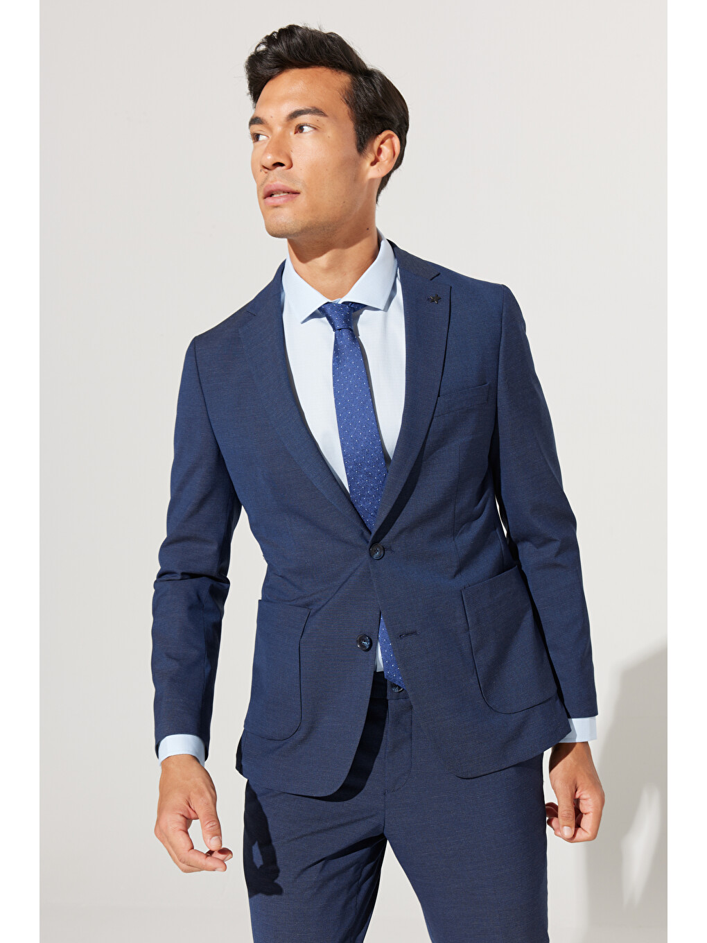 Erkek Lacivert Ekstra Slim Fit Dar Kesim Mono Yaka Desenli Takım Elbise-4