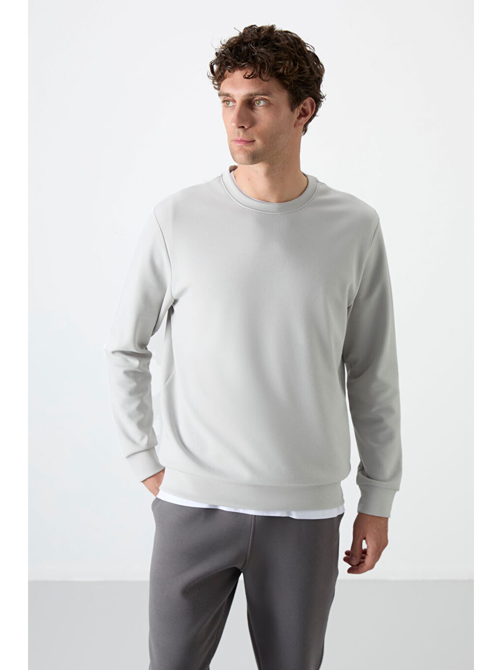 Bej Taş Basic O Yaka Rahat Form Erkek Sweatshirt - 88053-4