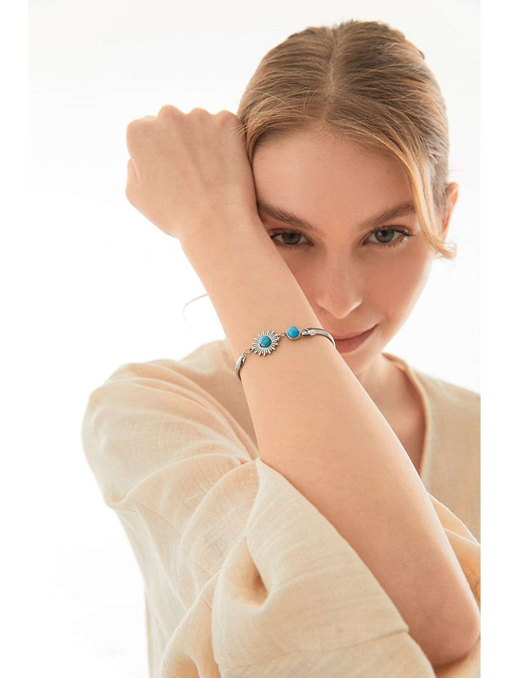 Mavi Kalpli İtalyan Zincir Çelik Bileklik-3