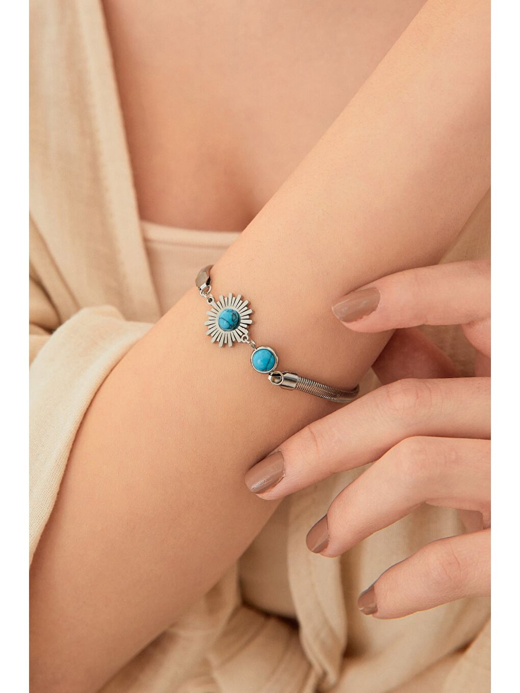 Mavi Kalpli İtalyan Zincir Çelik Bileklik-4