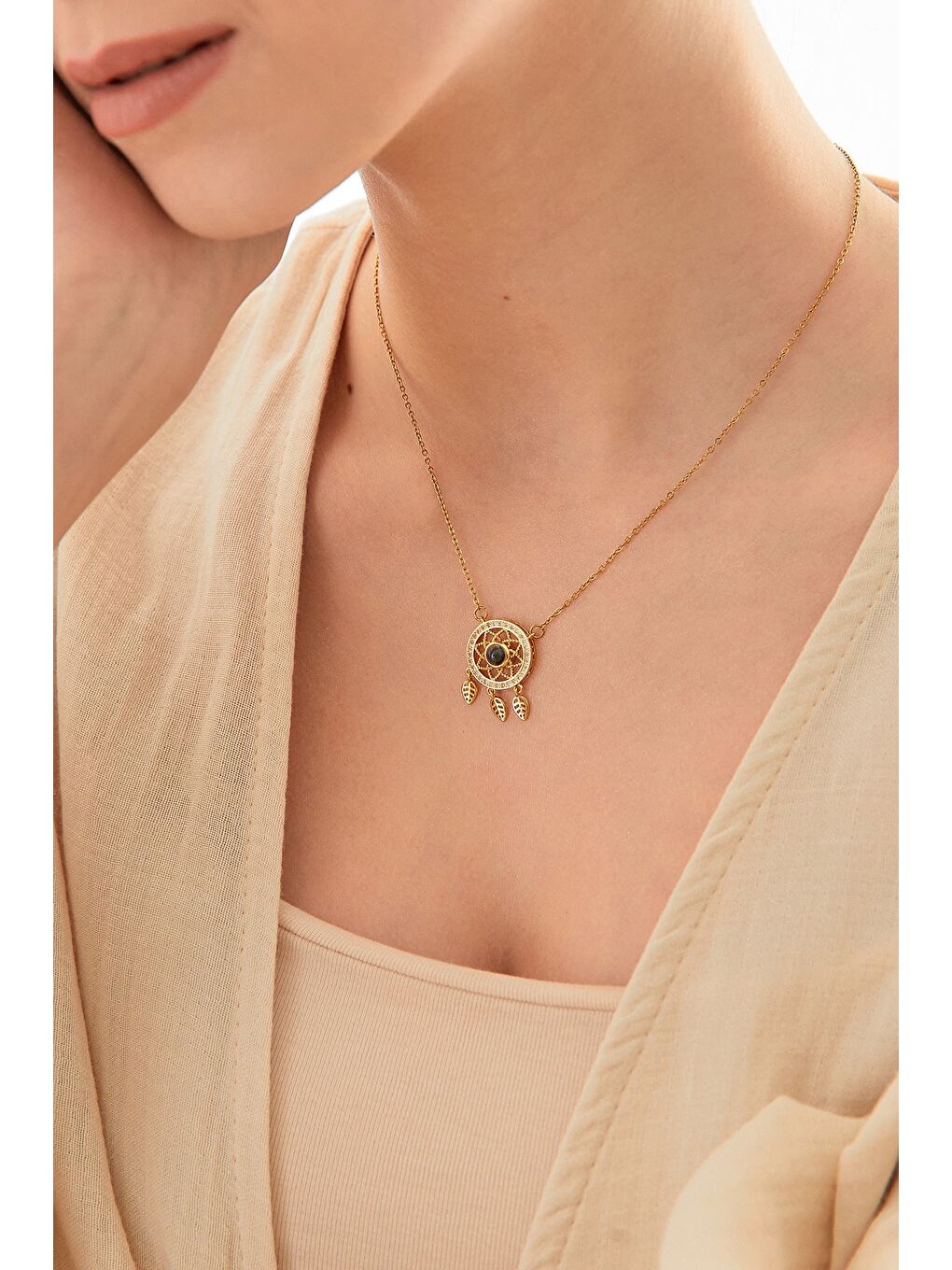 Sarı Taşlı Açılabilir Yonca Çelik Kolye-1