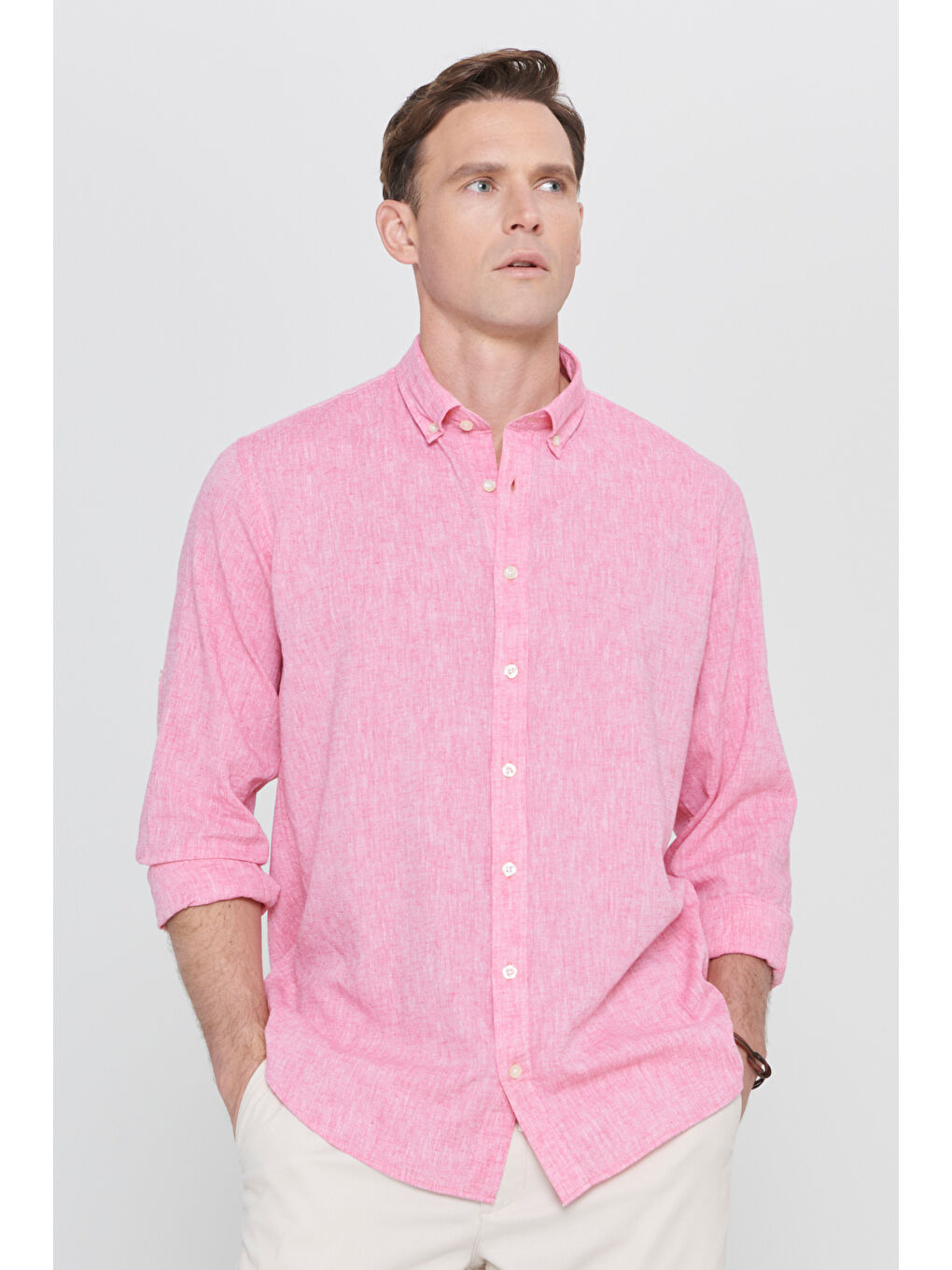 Erkek Fuşya Comfort Fit Rahat Kesim Düğmeli Yaka Casual Keten Gömlek-4