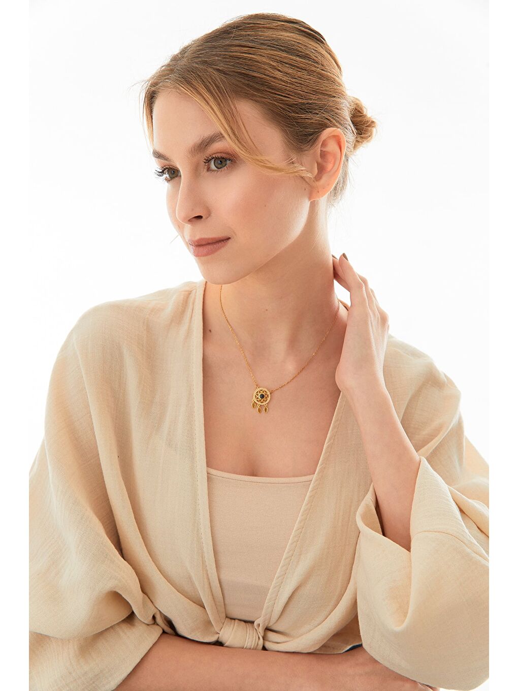 Sarı Taşlı Açılabilir Yonca Çelik Kolye-2