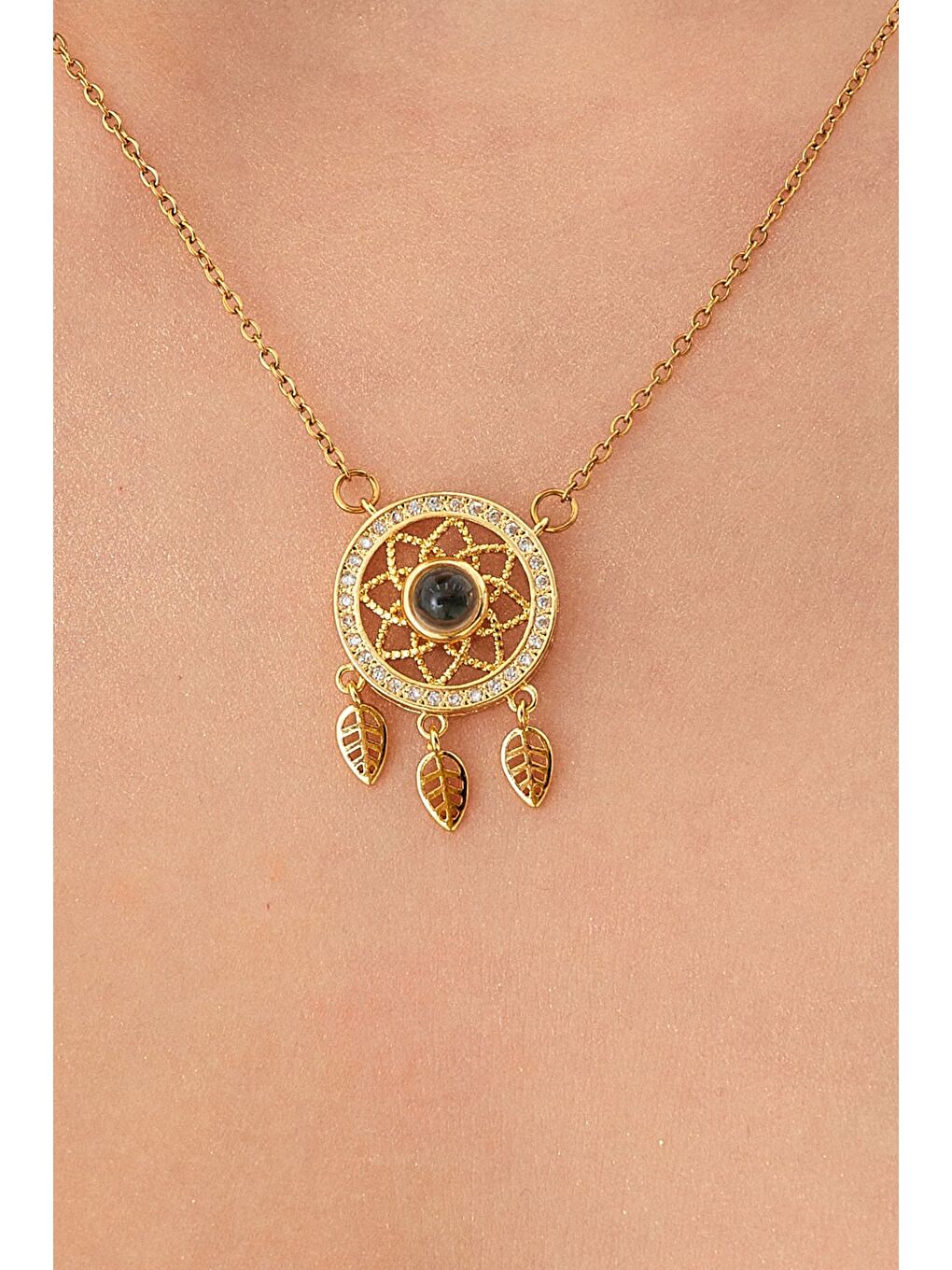 Sarı Taşlı Açılabilir Yonca Çelik Kolye-3