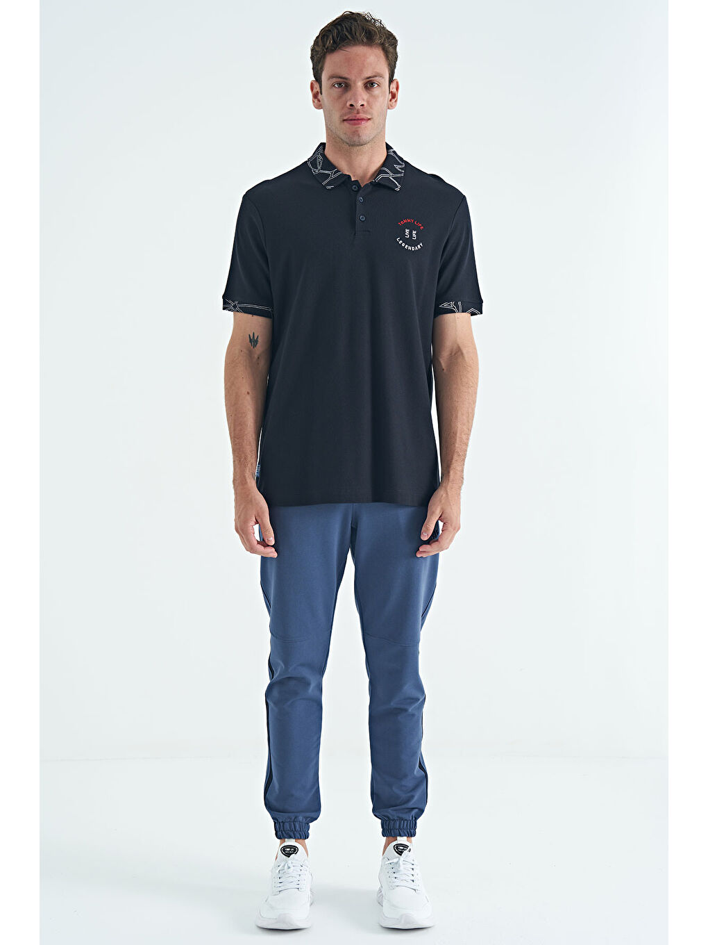 Lacivert Yazı Nakışlı Baskı Detaylı Standart Kalıp Polo Yaka Erkek %100 Pamuk Tişört - 88239-1