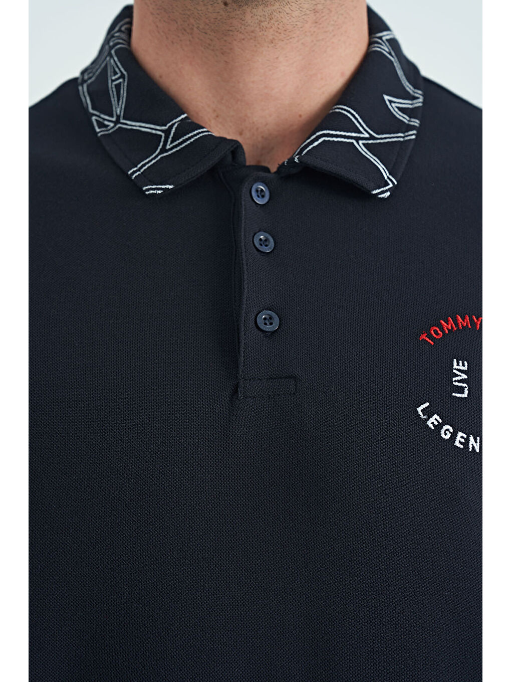 Lacivert Yazı Nakışlı Baskı Detaylı Standart Kalıp Polo Yaka Erkek %100 Pamuk Tişört - 88239-4