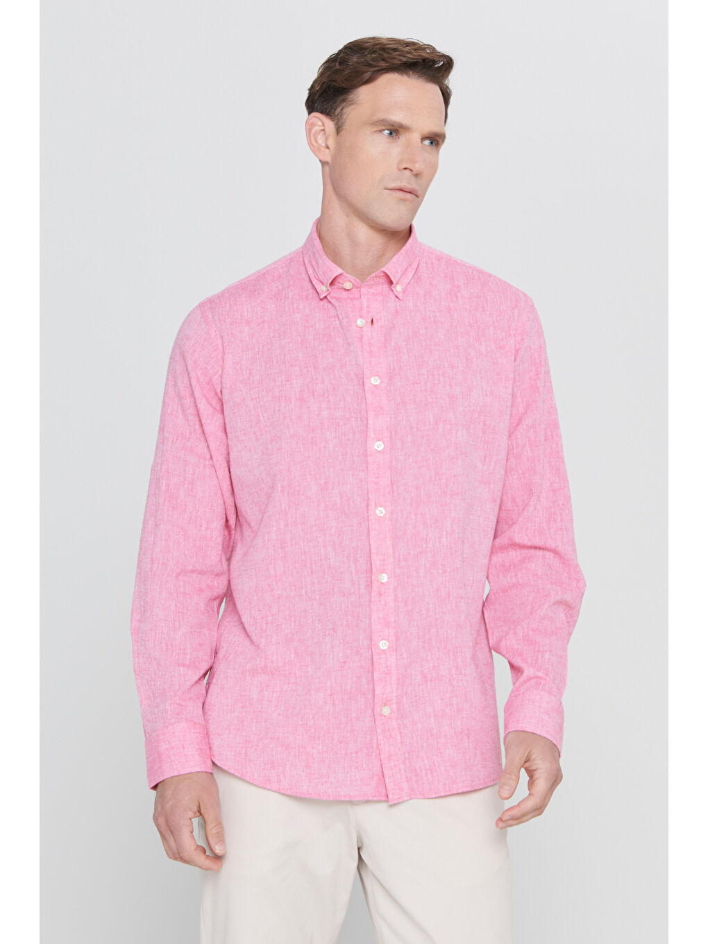 Erkek Fuşya Comfort Fit Rahat Kesim Düğmeli Yaka Casual Keten Gömlek-5