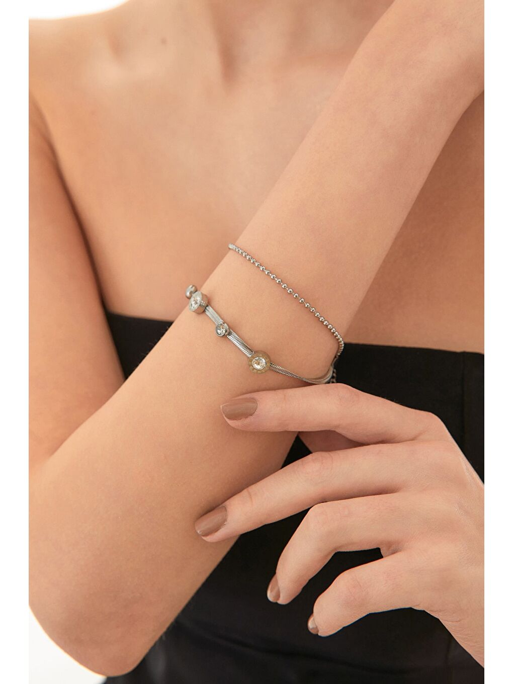 Gri Taşlı Çiçekli İtalyan Zincir Çelik Bileklik-1
