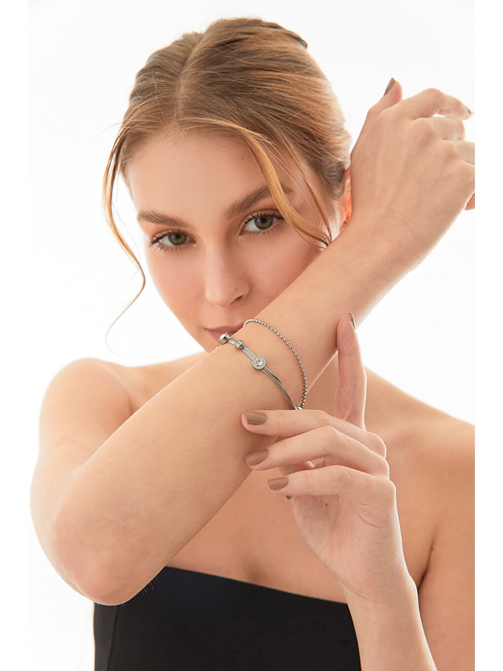 Gri Taşlı Çiçekli İtalyan Zincir Çelik Bileklik-2