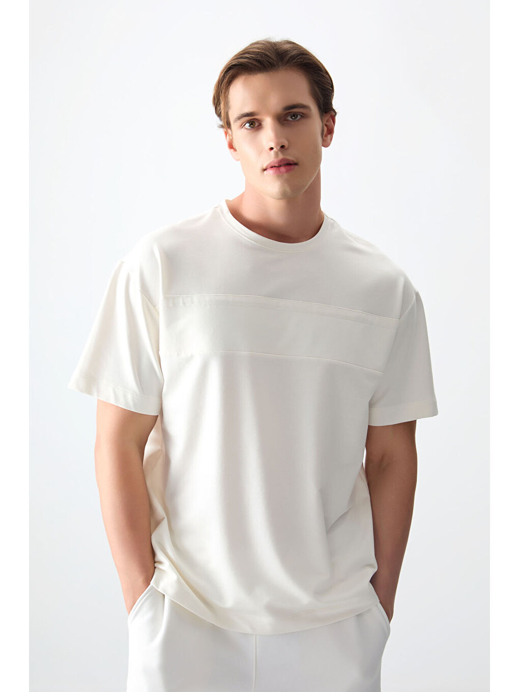 Ekru Pamuklu Kalın Yumuşak Dokulu Oversize Fit Basic Erkek Tişört - 88378