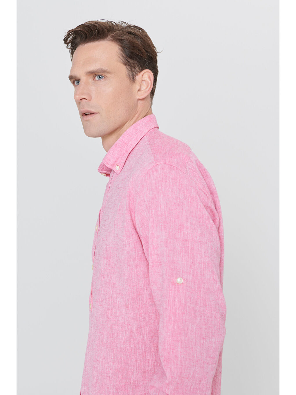 Erkek Fuşya Comfort Fit Rahat Kesim Düğmeli Yaka Casual Keten Gömlek-7