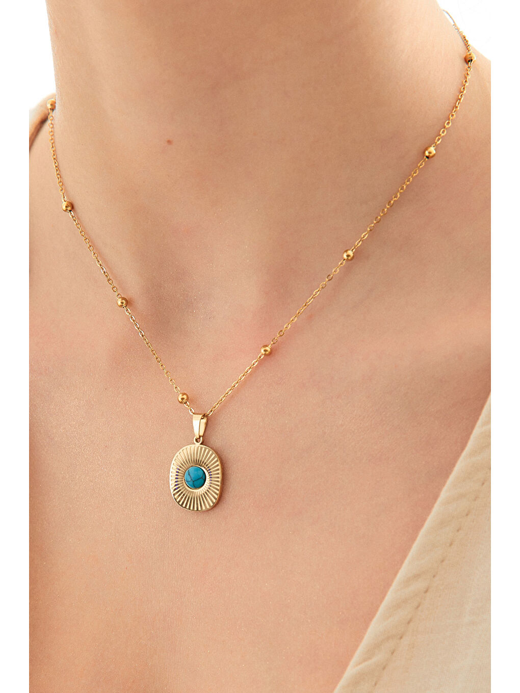 Sarı Taş Detaylı Yuvarlak Çelik Kolye-1