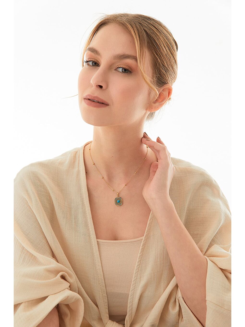 Sarı Taş Detaylı Yuvarlak Çelik Kolye-2