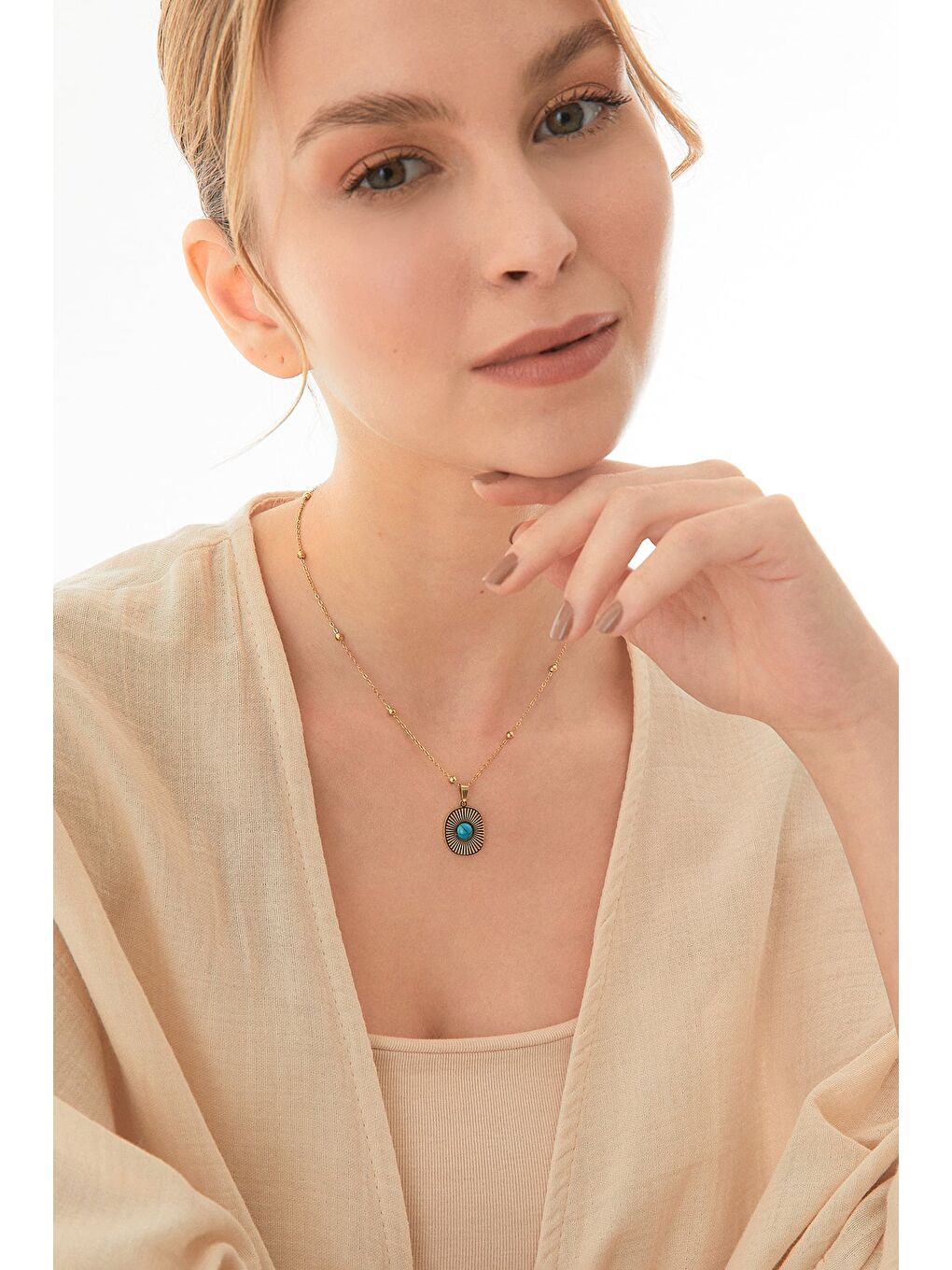 Sarı Taş Detaylı Yuvarlak Çelik Kolye-3