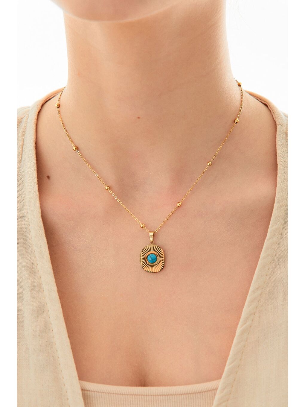 Sarı Taş Detaylı Yuvarlak Çelik Kolye-4