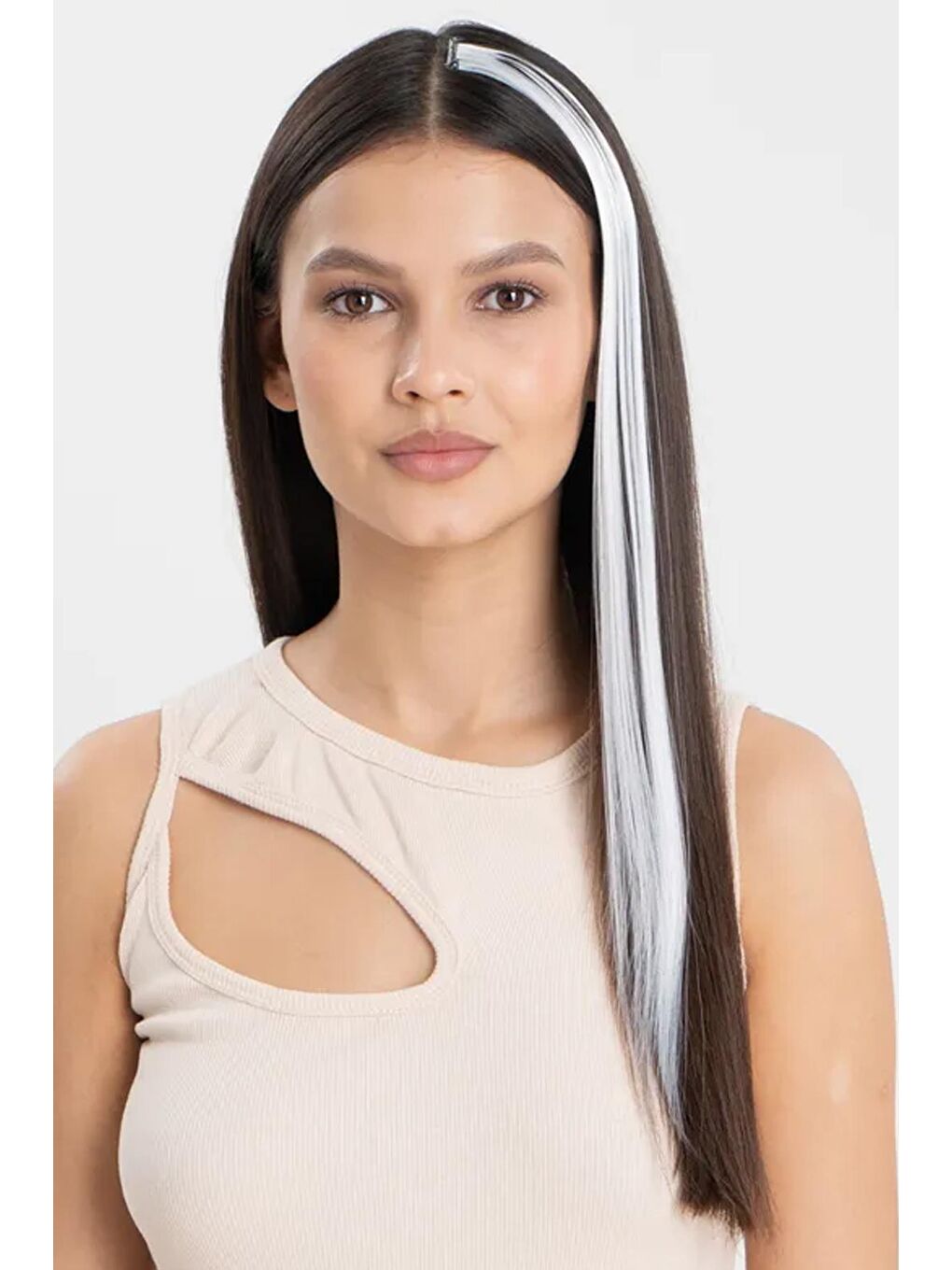 Gri Uzun Düz Sentetik Saç Uzatma Çıt Çıt Postiş-1