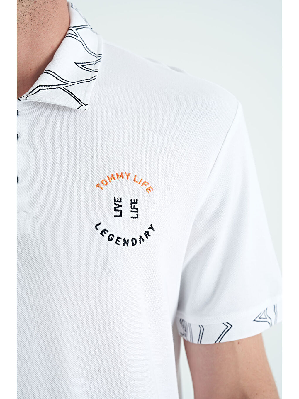 Beyaz Yazı Nakışlı Baskı Detaylı Standart Kalıp Polo Yaka Erkek %100 Pamuk Tişört - 88239-3