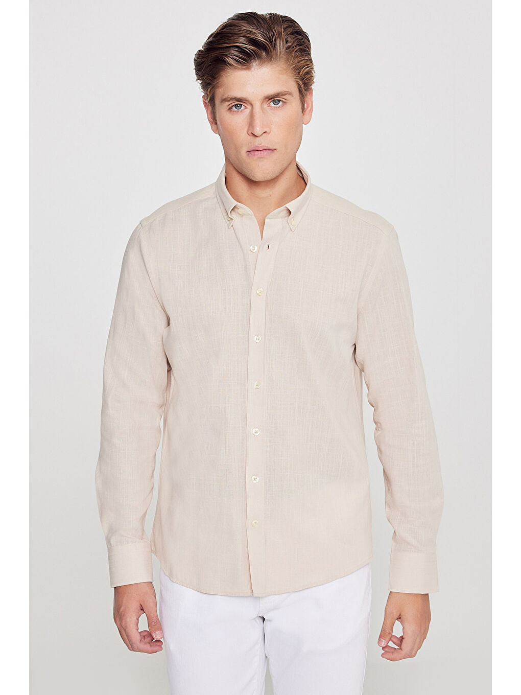 Erkek Bej %100 Pamuk Oxford Slim Fit Dar Kesim Düğmeli Yaka Flamlı Gömlek-3