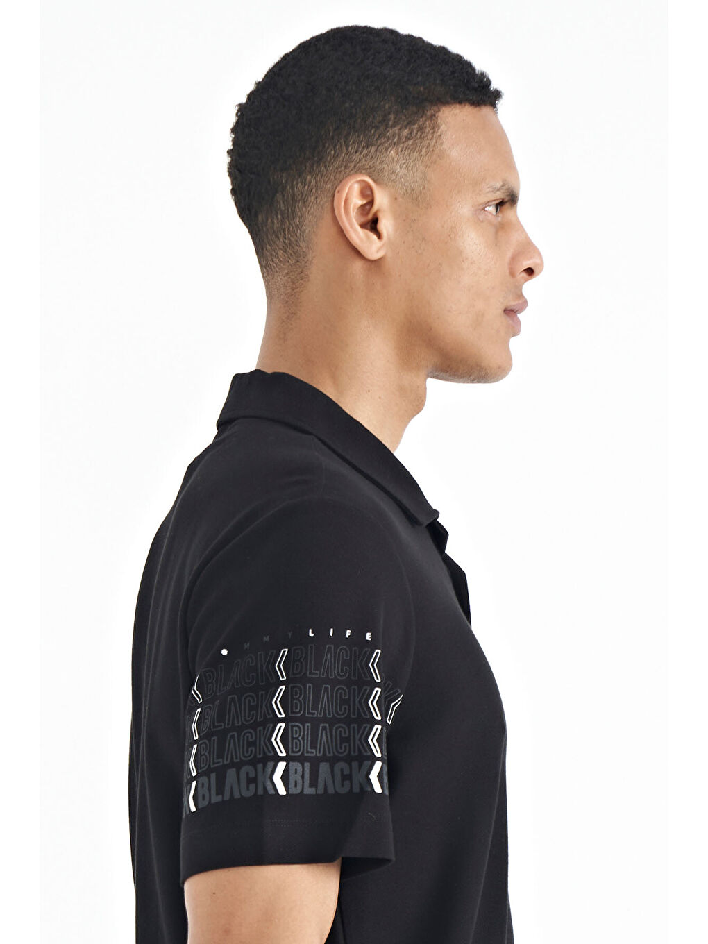 Siyah Kol Baskı Detaylı Polo Yaka Standart Form Erkek %100 Pamuk Tişört - 88240-2