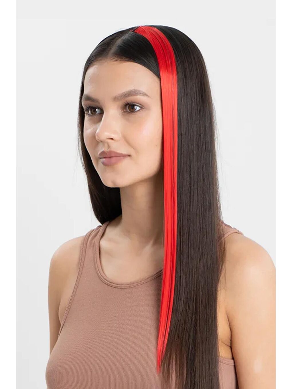 Kırmızı Uzun Düz Sentetik Saç Uzatma Çıt Çıt Postiş-2