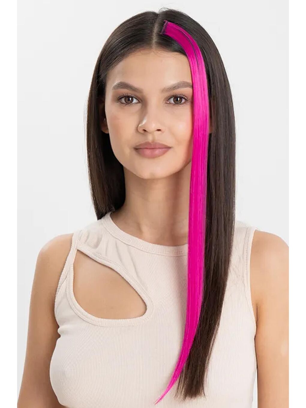 Pembe Uzun Düz Sentetik Saç Uzatma Çıt Çıt Postiş-1