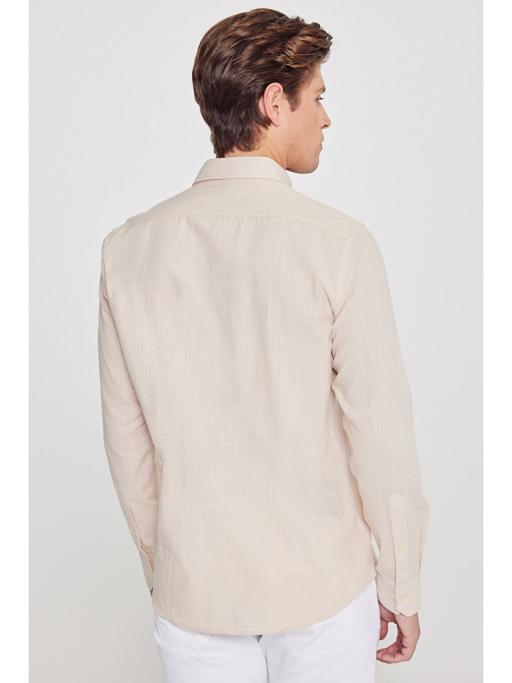Erkek Bej %100 Pamuk Oxford Slim Fit Dar Kesim Düğmeli Yaka Flamlı Gömlek-5